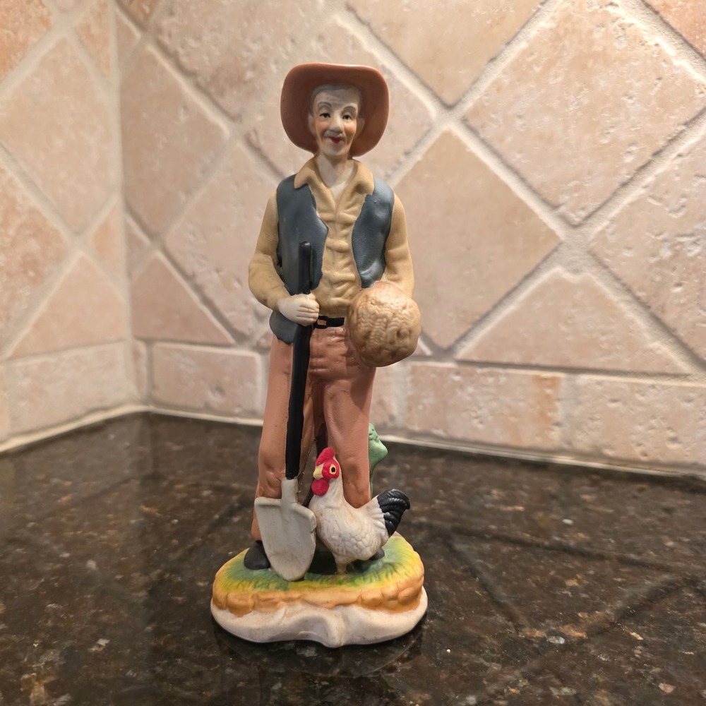 Vintage Hand Painted‎ Porcelain Farmer Figurine Rooster Shovel 7" Home Interiors